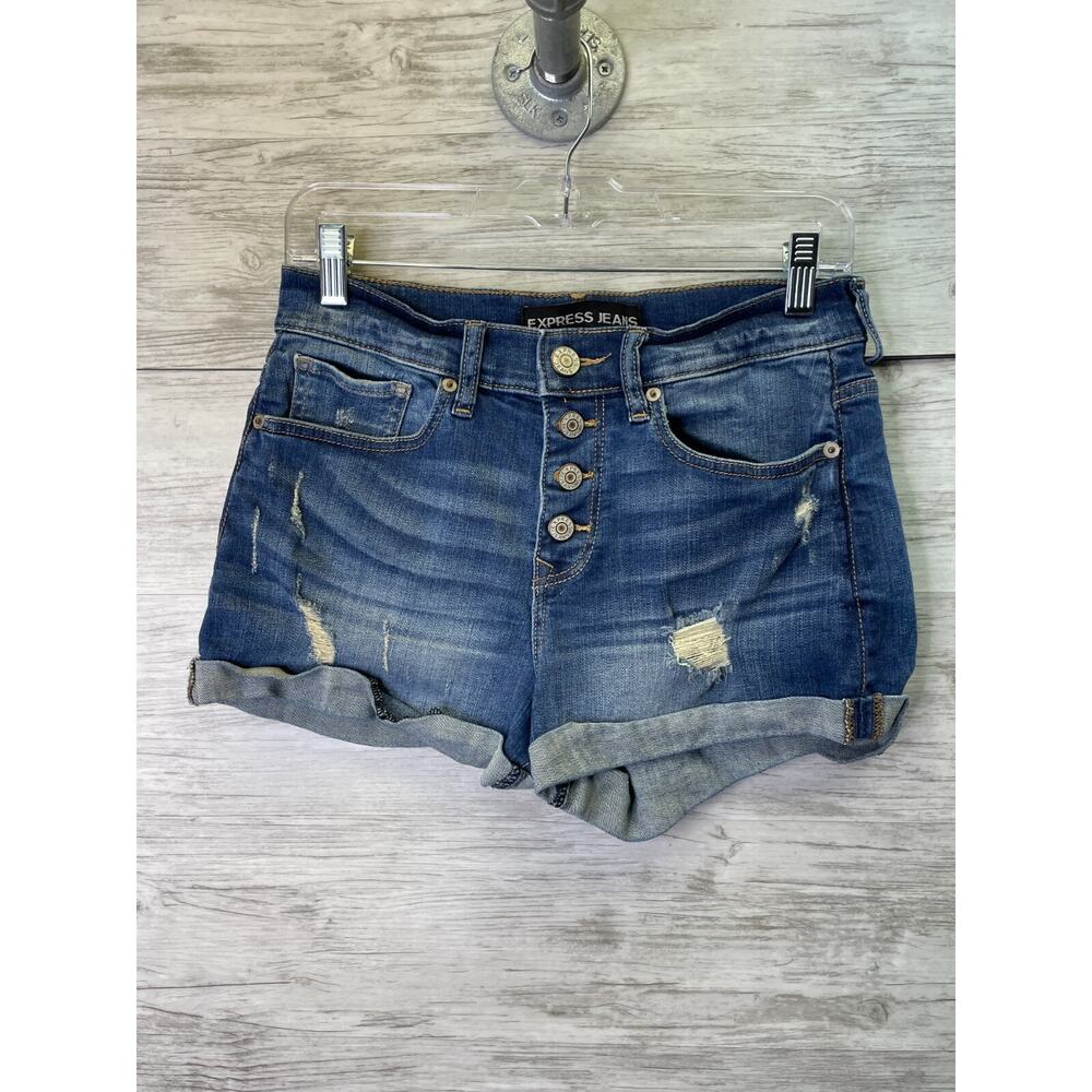Express Jeans Shorts Womens 6 Blue Denim Button Fly Cuffed Distressed Cut-Off